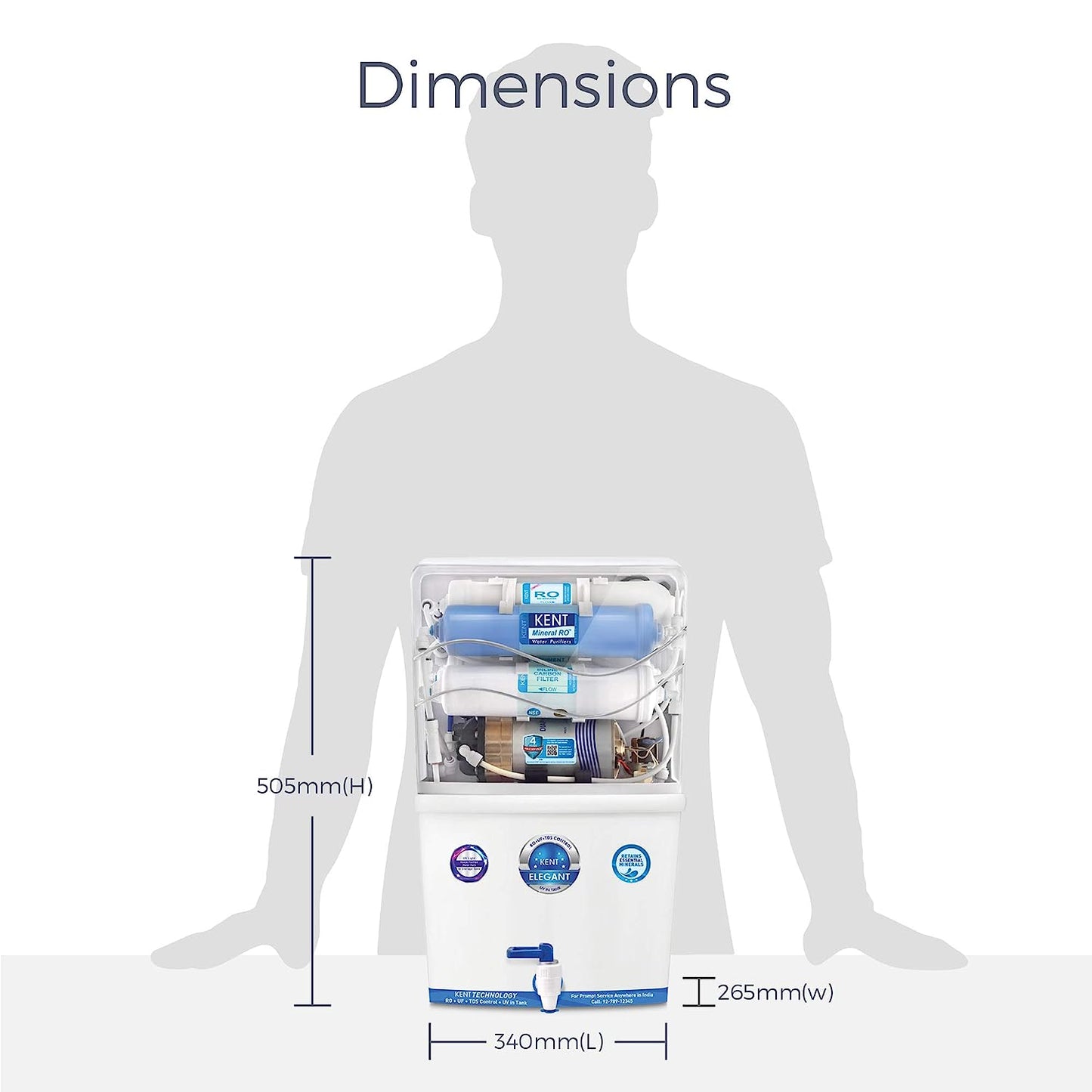 KENT Elegant Compact RO+UF Water Purifier | Patented Mineral RO Technology | RO + UF + TDS Control + UV In-tank | 15 LPH Output | 8L Storage