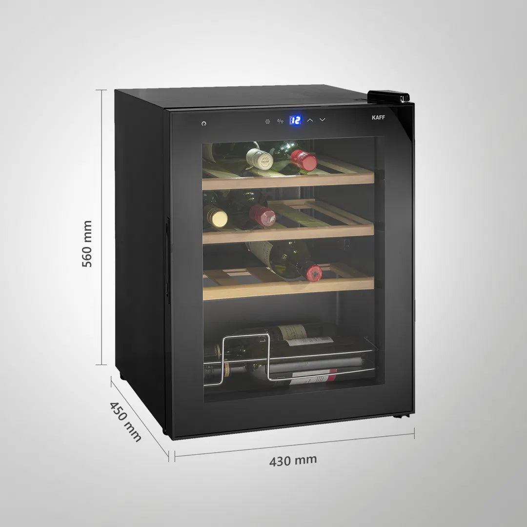 Kaff WC 48 TH BW 16-Bottle Free Standing Wine Chiller with Thermoelectric Cooling & Touch LED Display – Black Glass Door