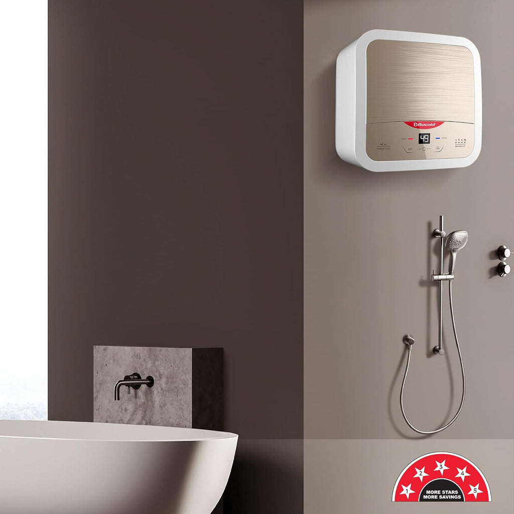 Racold Omnis DG 15L Vertical 5 Star Storage Water Heater (Geyser) Sandstorm Gold | Touch Control | Smart Bath Logic | Silver-Ion Technology | Auto Diagnosis | Free Installation & Pipes | 2kW