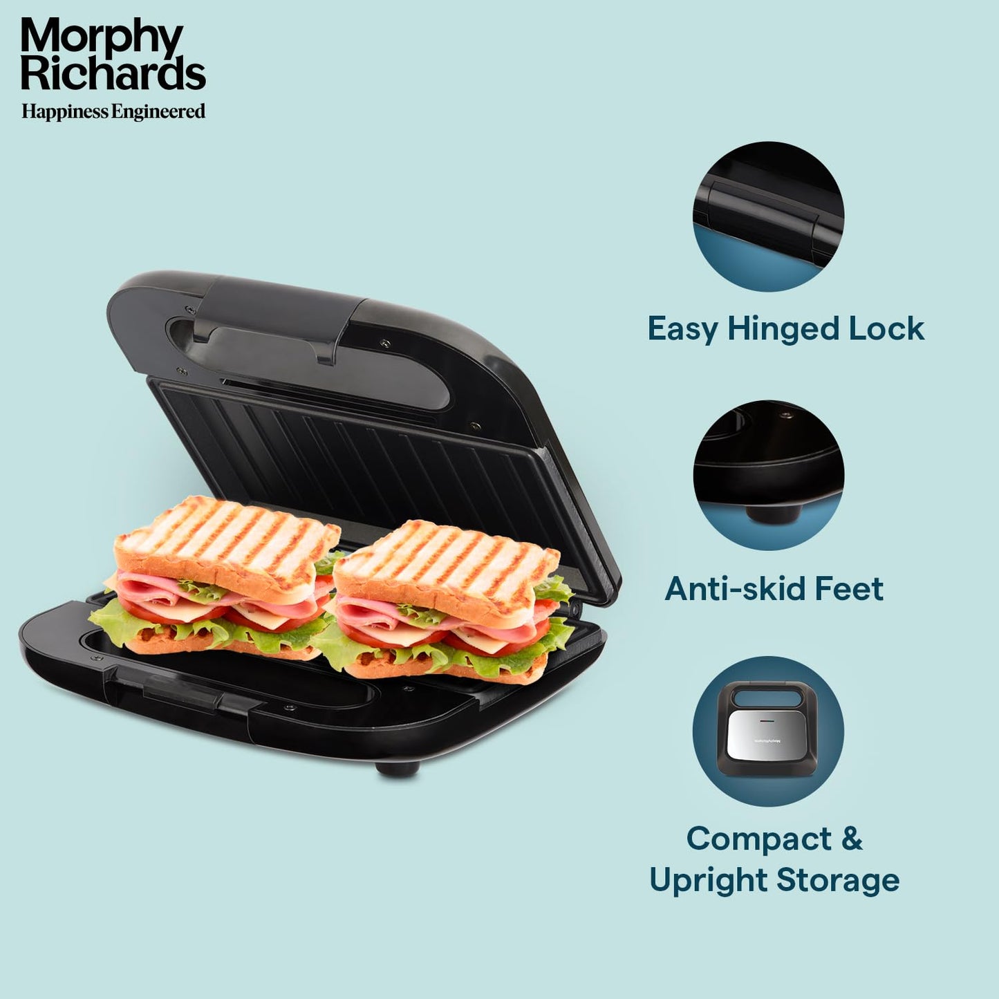 Morphy Richards Voyager Ultra 750W Sandwich Maker | Non-Stick Grill Plates, Cool Touch Handle, Compact Design | 2-Year Warranty