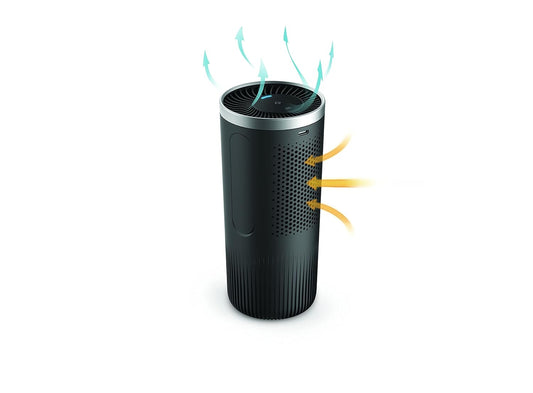 Philips GoPure Style S3601 Car Air Purifier with HEPA filteration captures particles as small as 0.004um (Equivelant to H14 Grade), UVC light eliminating >99.9% of bacteria and viruses, Ozone free certified product.