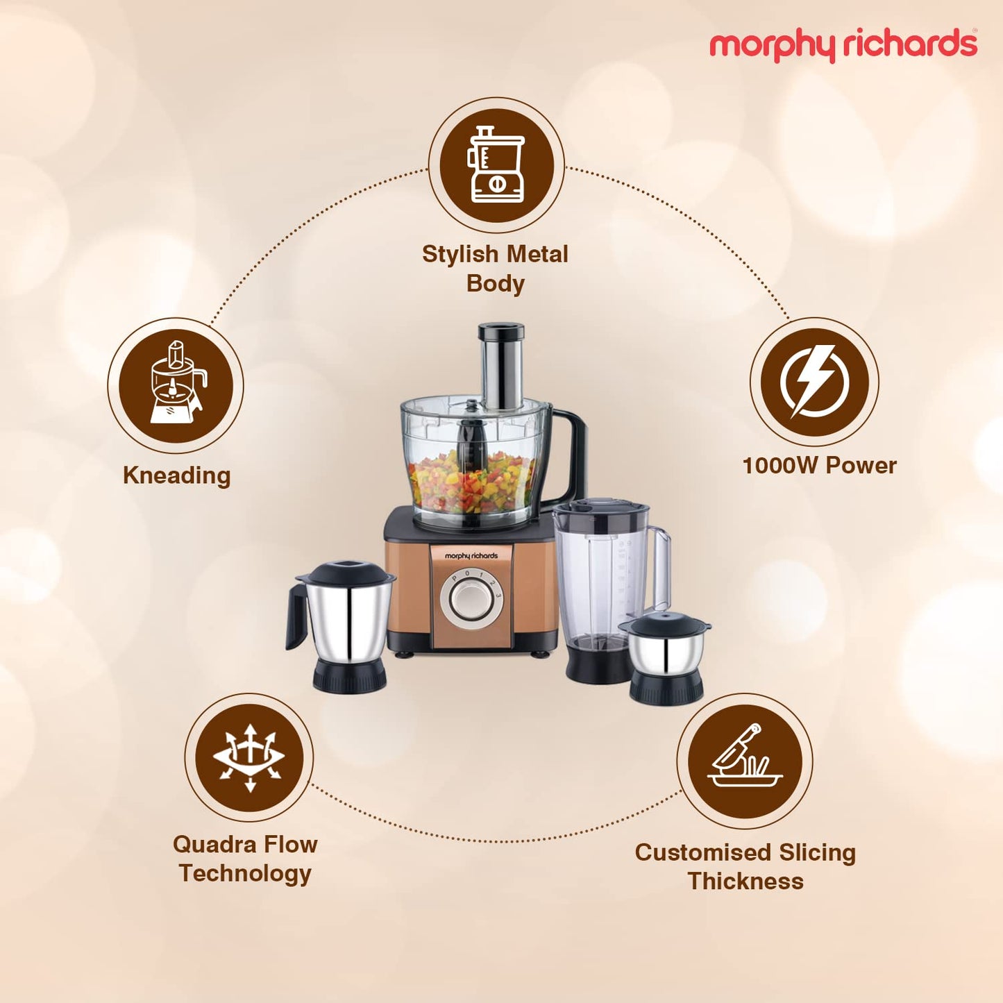 Morphy Richards Icon Superb 1000-Watt Food Processor (Copper Colour) With Free Stand