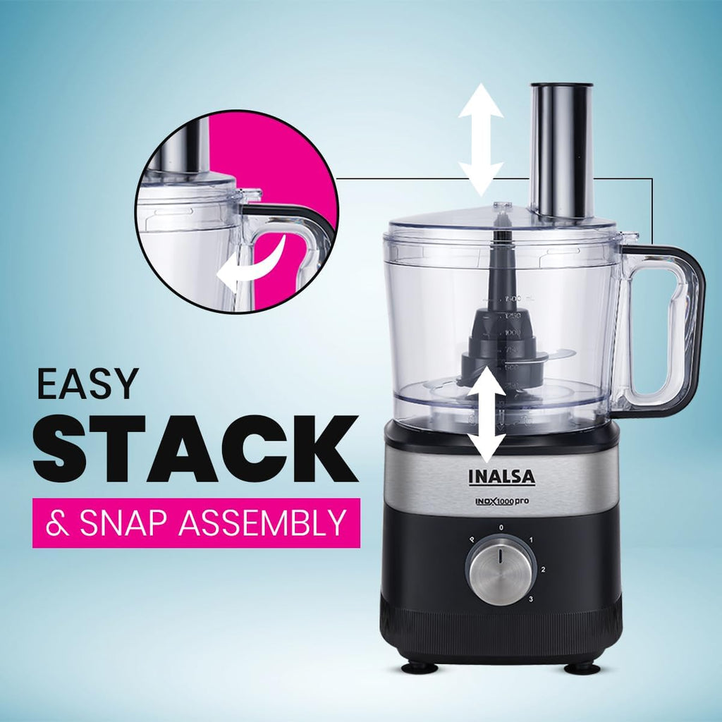 Inalsa Inox 1000 Pro Food Processor for Kitchen | 1000W Copper Motor | Mixer Grinder Juicer | 2.5L Processing Bowl | Chopping, Kneading, Slicing, Whisking, French Fries Cutter, Citrus Juicer