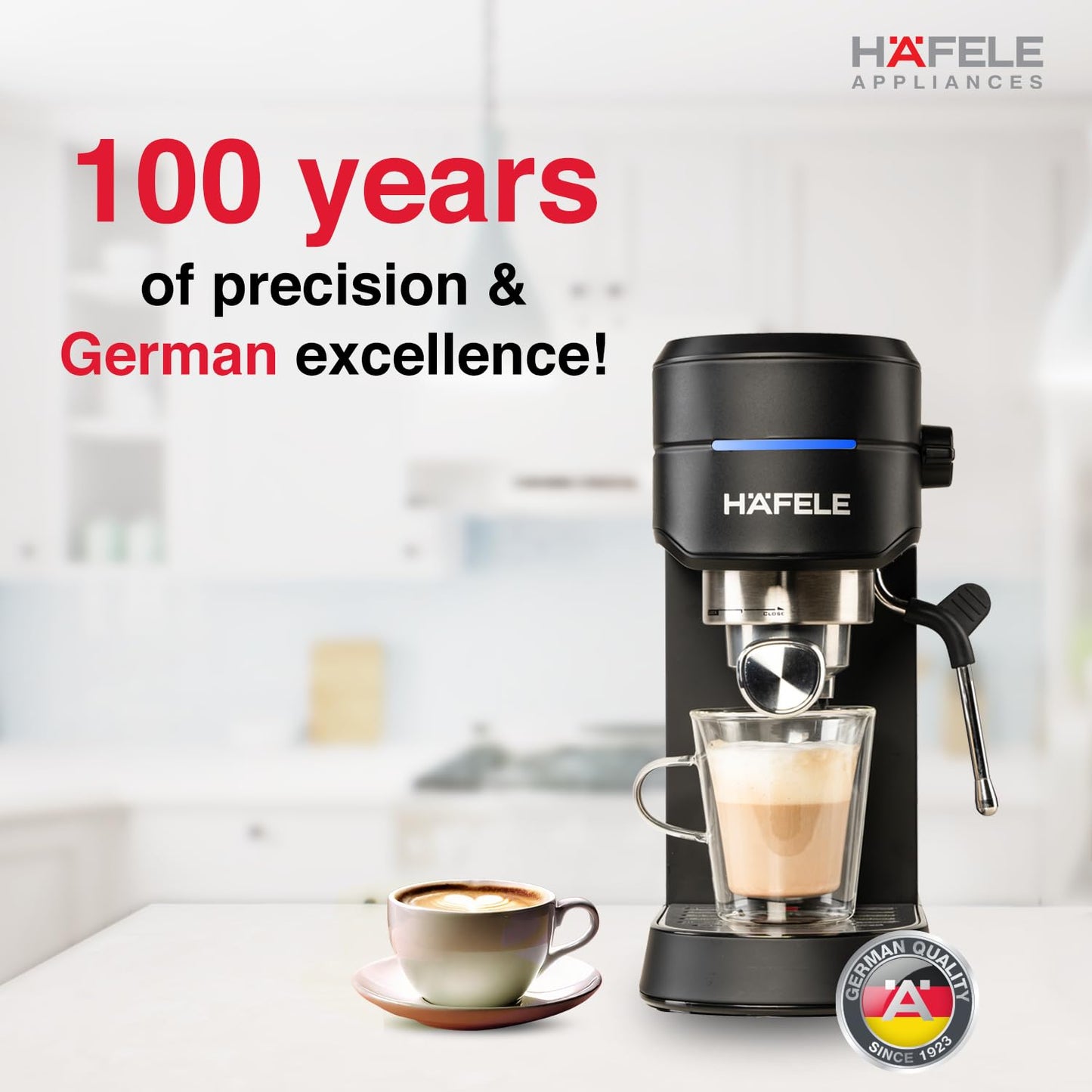 Hafele U-Kaffee Espresso Coffee Machine | 15-Bar Pressure | Adjustable Milk Frother | Thermoblock 1450W | Suraj Electronics Delhi NCR