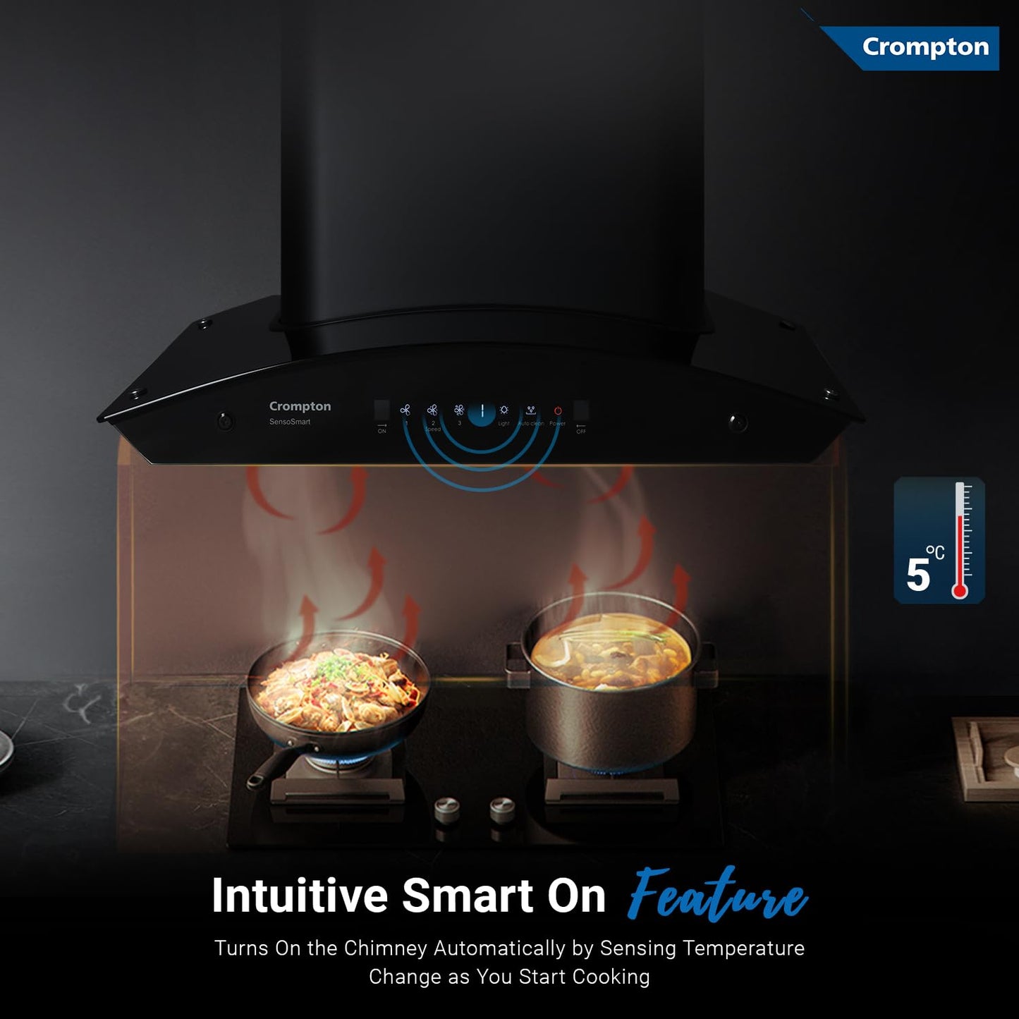 Crompton SensoSmart 60 cm Auto-Clean Chimney (CHD-SSC60FLE-MBL) | 1210 m³/hr Suction | Smart ON | Filterless | Suraj Electronics Delhi NCR