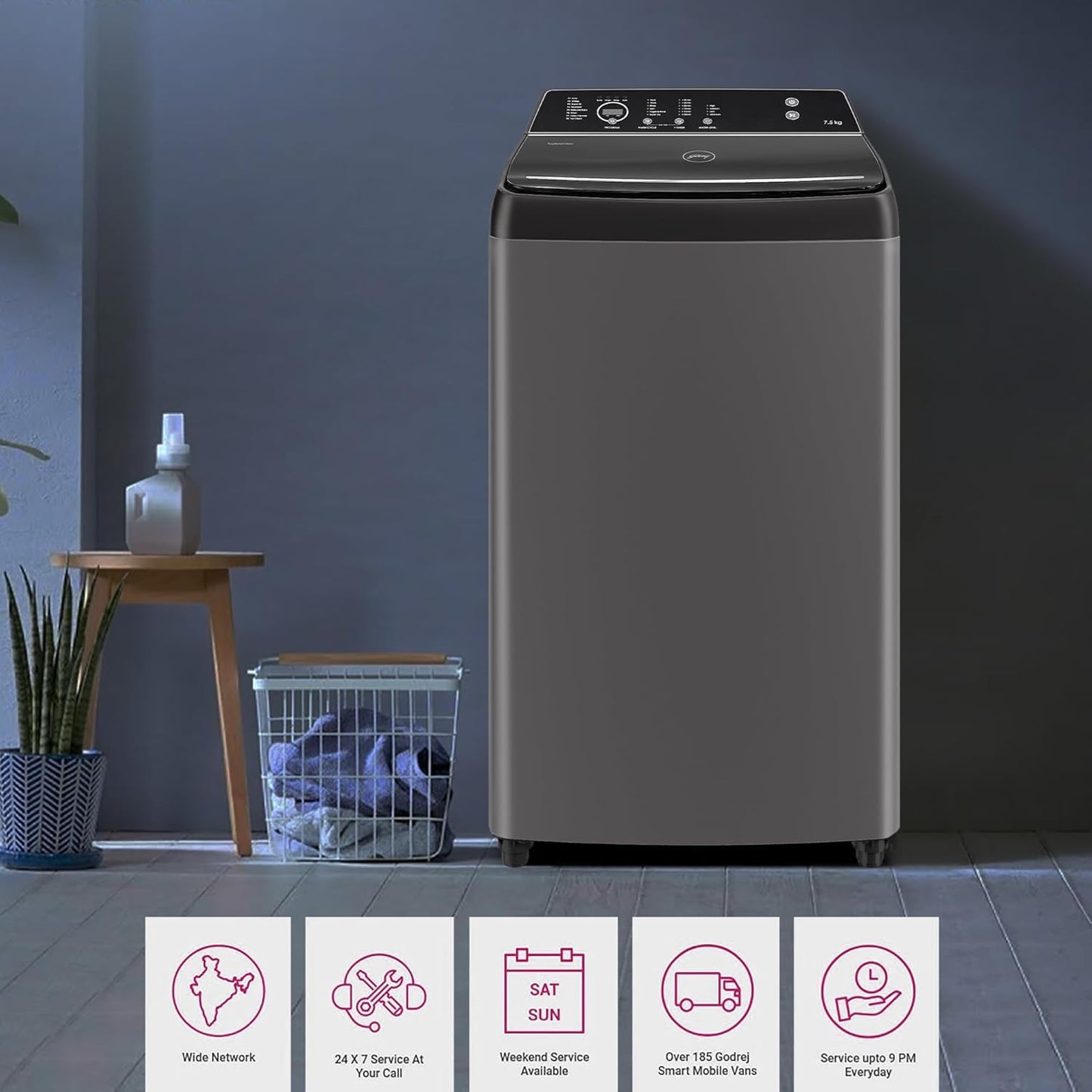 Godrej WTEON VLVT 80 5.0 FDTN MTBK 8 Kg 5 Star Zero Pressure Technology Fully-Automatic Top Load Washing Machine Appliance ( Metallic Black, With 26 Flexi Wash Programs)