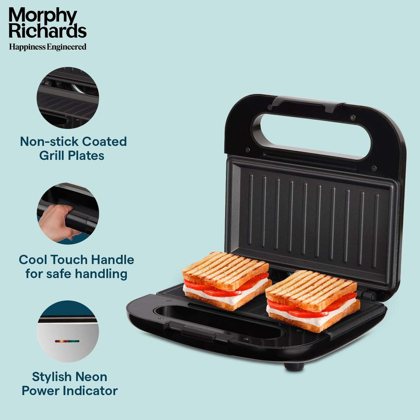 Morphy Richards Voyager Ultra 750W Sandwich Maker | Non-Stick Grill Plates, Cool Touch Handle, Compact Design | 2-Year Warranty