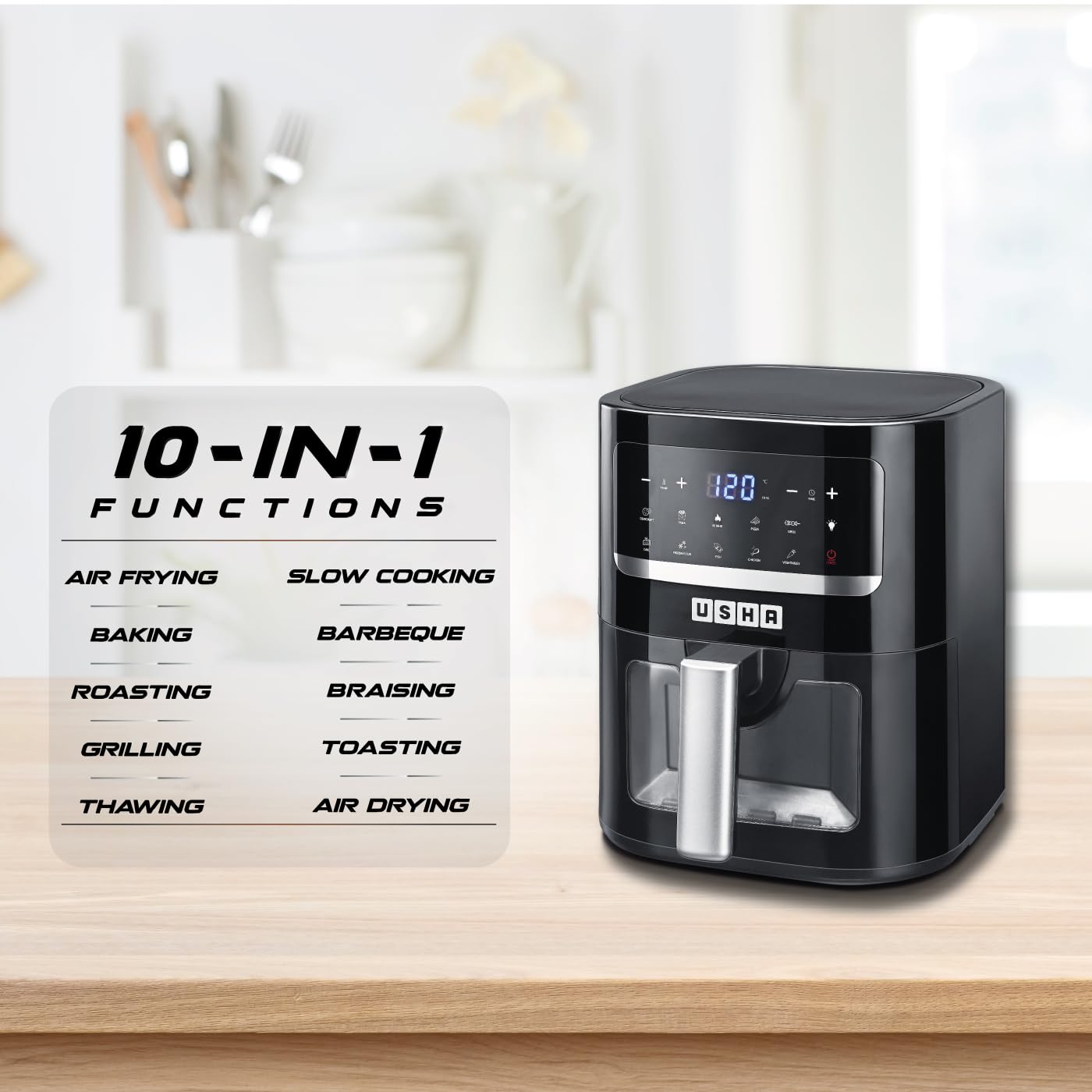 Usha Smart Air Fryer 4.5L | 10-in-1 Functions | 1350W Turbo Air Circulation | Auto Pause | Suraj Electronics Delhi NCR