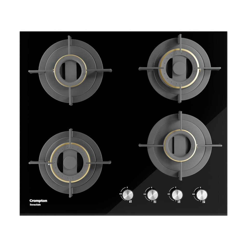 Crompton HOB-SSDC604-MBL SensoSafe 60 cm 4 Burners Built-in Gas Hob With High Efficiency Brass Burners, Auto-Ignition and 8 MM Toughened Glass ( Midnight Black)