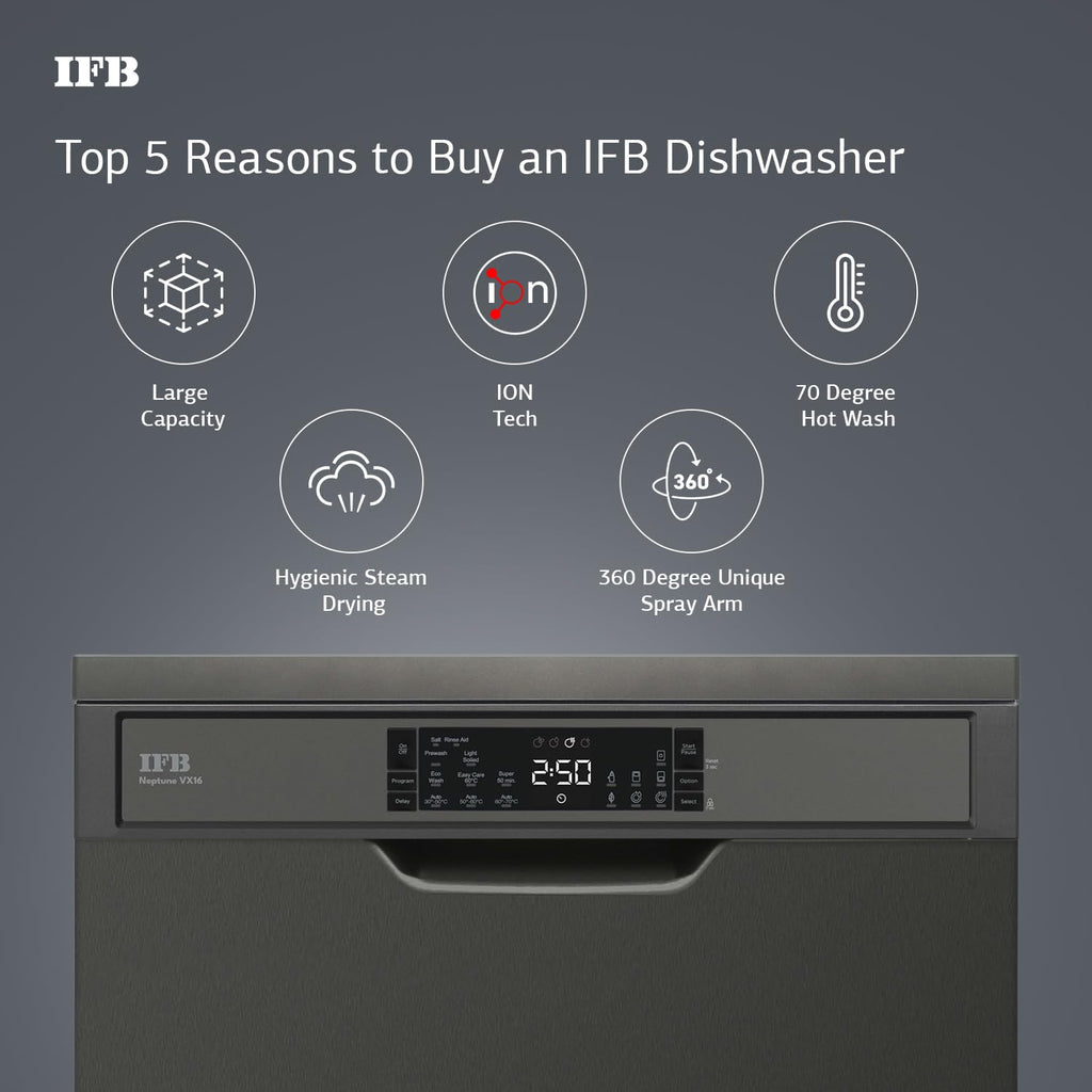 IFB Neptune VX16 16 Place Setting Dishwasher (Inox Grey) | Auto Door Open, ION Tech, 360° Spray Arms, Steam Drying