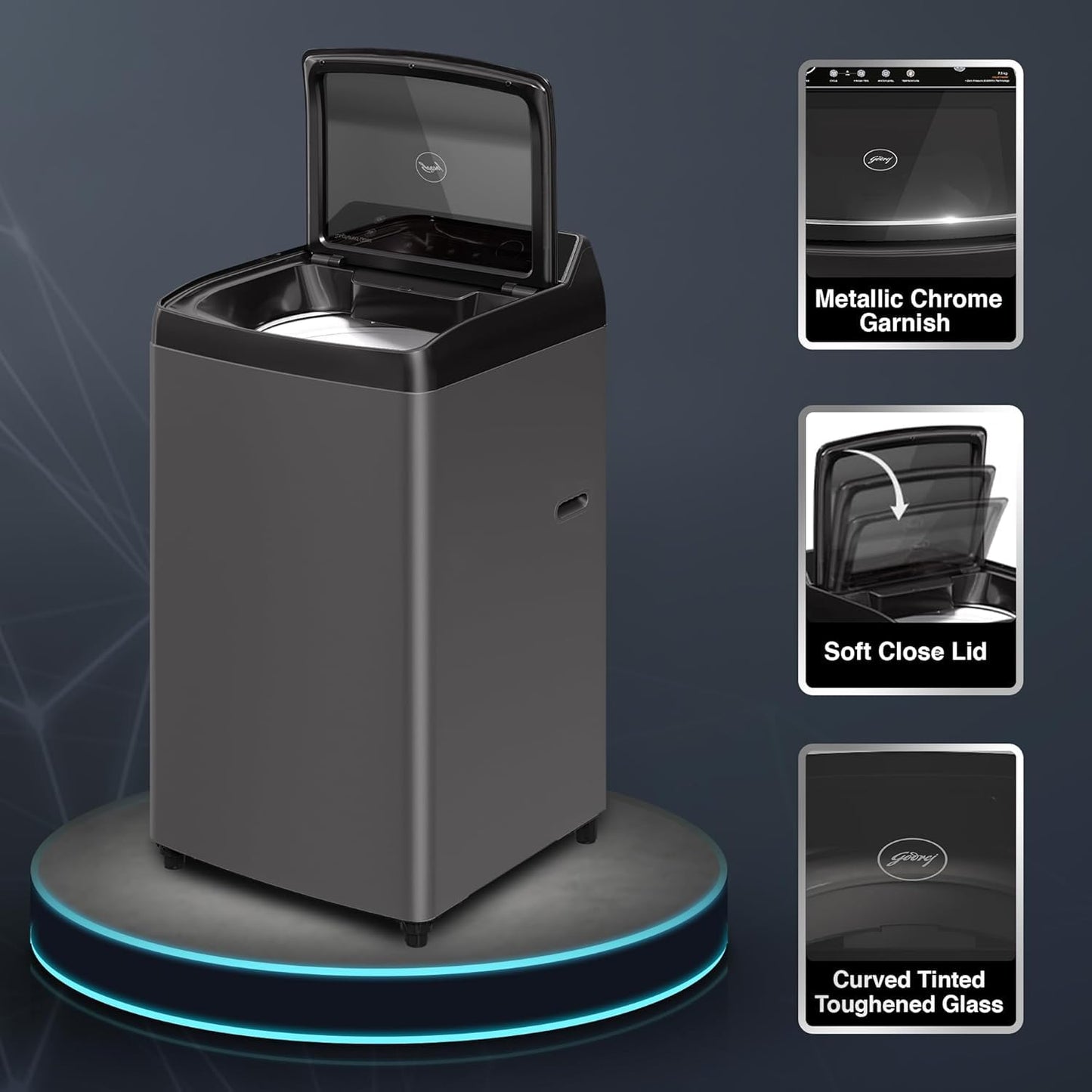 Godrej WTEON VLVT 80 5.0 FDTN MTBK 8 Kg 5 Star Zero Pressure Technology Fully-Automatic Top Load Washing Machine Appliance ( Metallic Black, With 26 Flexi Wash Programs)
