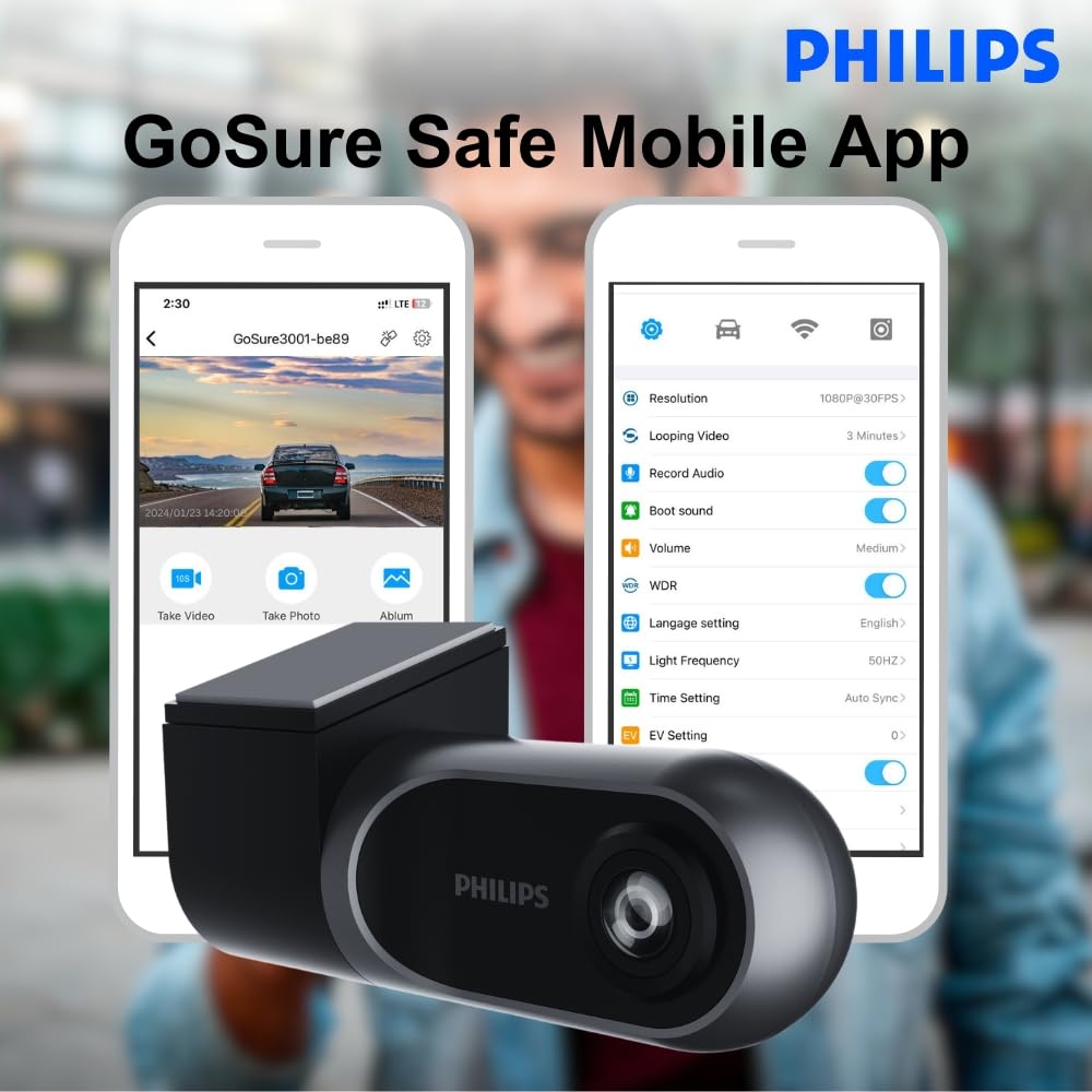 Philips GoSure GS3001 Full HD 1080p Dash Camera for Car | Wi-Fi, Night Vision, G-Sensor, ADAS, Loop Recording