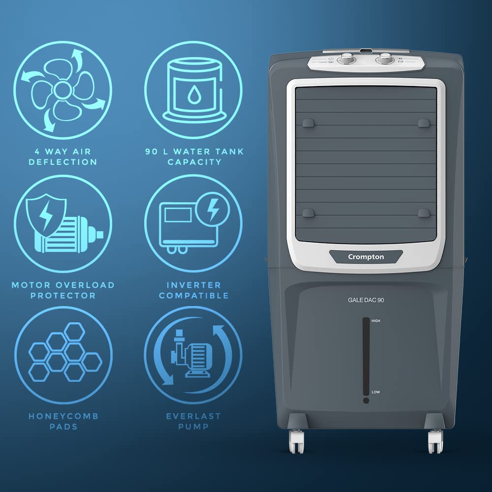 Crompton Gale DAC 90 Desert Air Cooler | 90L Tank | 4000 CMH Air Delivery | Ice Chamber | Everlast Pump | Inverter Compatible | For Rooms up to 470 Sq. Ft