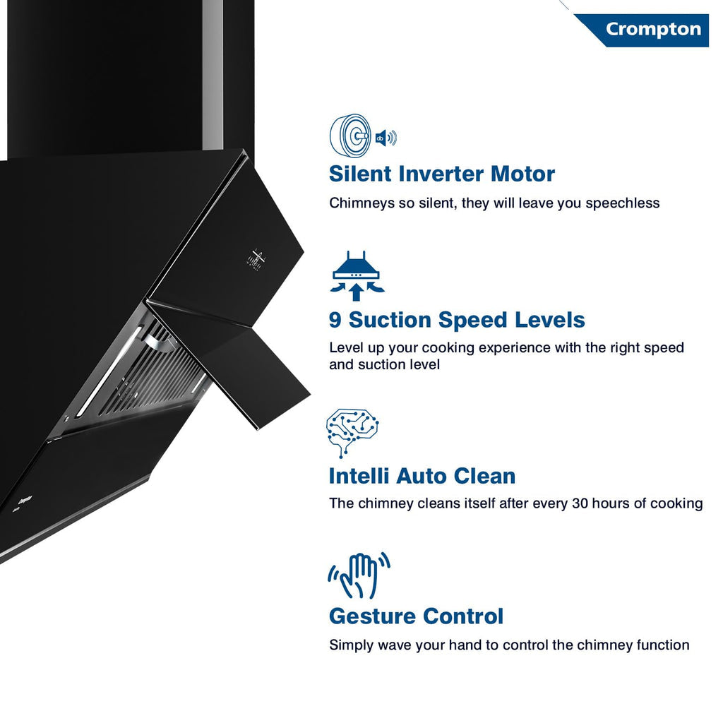 Crompton QuietPro CHD-QPVI60FLE-MBL 60cm Filterless Auto Clean Chimney with Inverter Motor & Gesture Control – 1780 CMH, Black