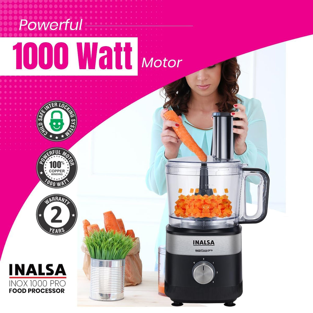 Inalsa Inox 1000 Pro Food Processor for Kitchen | 1000W Copper Motor | Mixer Grinder Juicer | 2.5L Processing Bowl | Chopping, Kneading, Slicing, Whisking, French Fries Cutter, Citrus Juicer