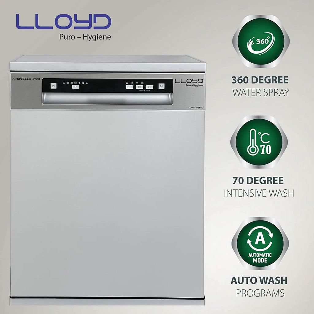 Lloyd LDWF14PSB1IC Puro Hygiene Dishwasher (14 Place Settings, 70°C Hot Wash, Infinity Cutlery Drawer, Silver)