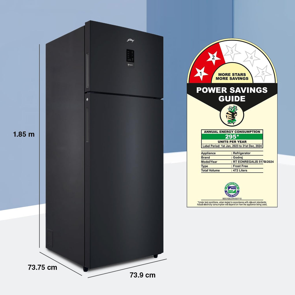 Godrej RT EONREGALIS 517B RCI MT BK 472L 2 Star Inverter Frost Free Double Door Refrigerator (Matte Black, Nano Shield Technology, Movable Ice Tray)