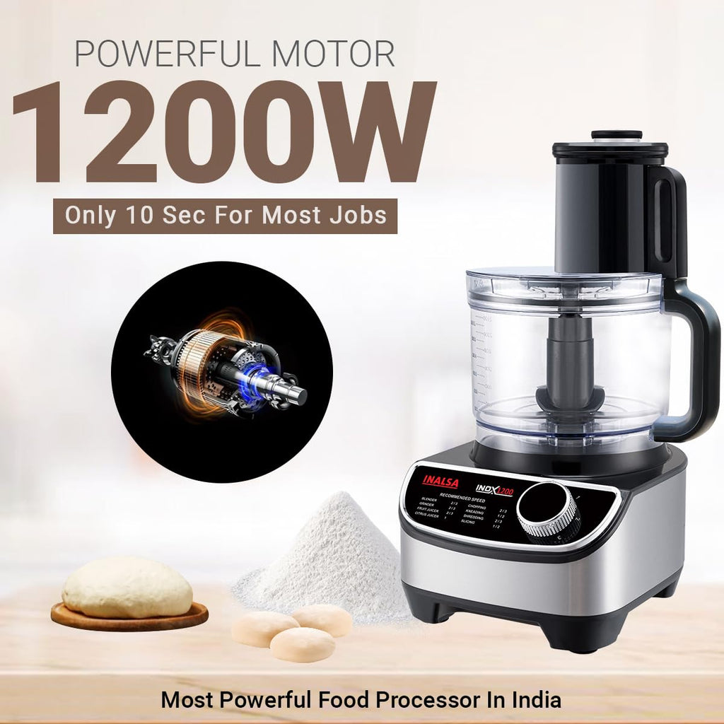 Inalsa INOX 1200W Food Processor with Mixer Grinder & Juicer | 2.5L Bowl, 3 Jars, 12 Attachments, Copper Motor – Black/Silver