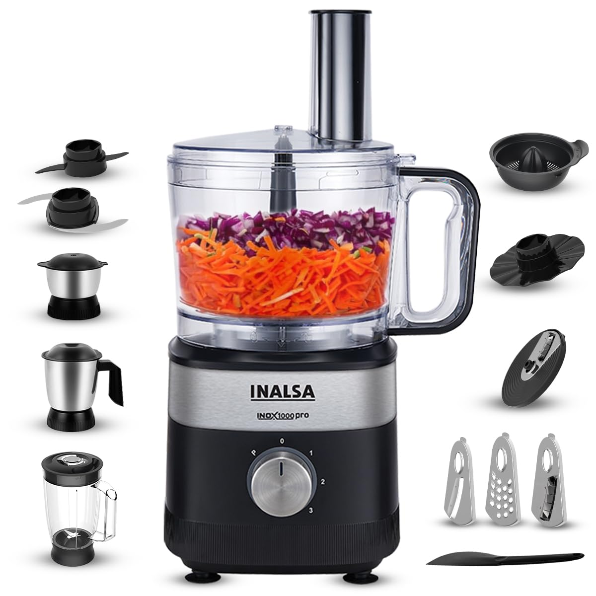 Inalsa Inox 1000 Pro Food Processor for Kitchen | 1000W Copper Motor | Mixer Grinder Juicer | 2.5L Processing Bowl | Chopping, Kneading, Slicing, Whisking, French Fries Cutter, Citrus Juicer