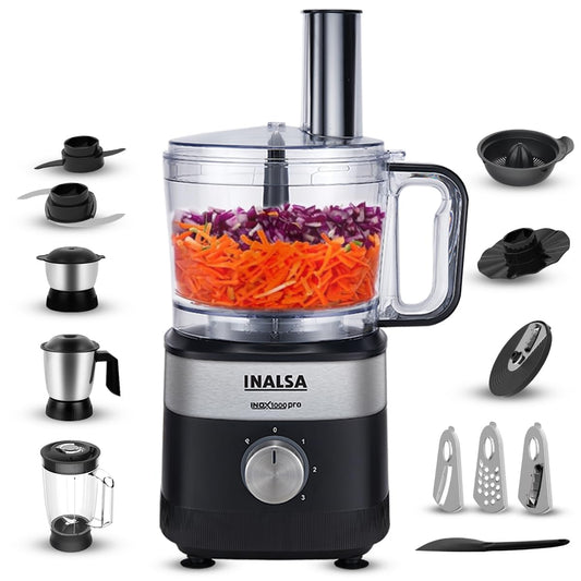 Inalsa Inox 1000 Pro Food Processor for Kitchen | 1000W Copper Motor | Mixer Grinder Juicer | 2.5L Processing Bowl | Chopping, Kneading, Slicing, Whisking, French Fries Cutter, Citrus Juicer