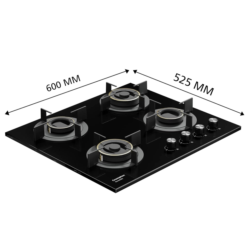 Crompton HOB-SSDC604-MBL SensoSafe 60 cm 4 Burners Built-in Gas Hob With High Efficiency Brass Burners, Auto-Ignition and 8 MM Toughened Glass ( Midnight Black)