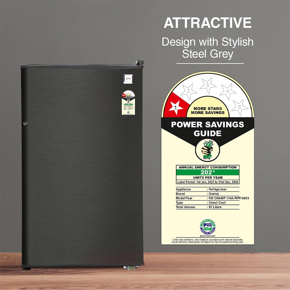 Godrej RD CHAMP 114A WPF FS ST 97 L 1 Star Direct Cool Single Door Refrigerator With Jumbo Vegetable Tray ( Fossil Steel)