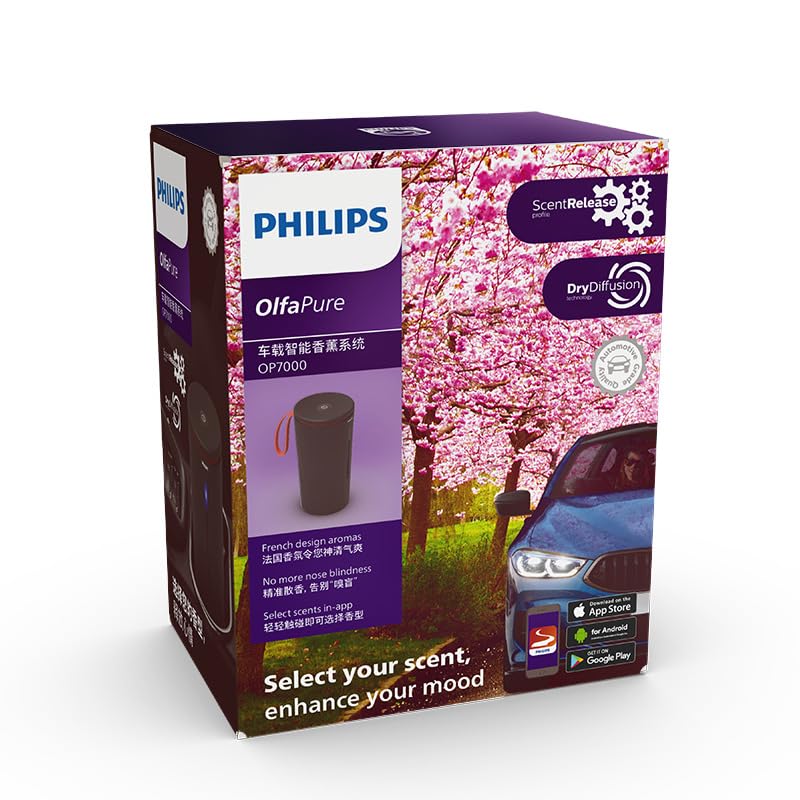 Philips OlfaPure 7100 Smart Car Air Freshener – App-Controlled Aroma Diffuser with 10 French-Designed Fragrances, Dry-Air Diffusion, Multi-Cartridge System (Black)