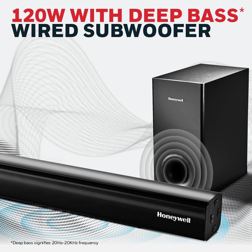 Honeywell Trueno U2000 120W 2.1 Channel Soundbar with Wired Subwoofer, Bluetooth v5.0, HDMI ARC, AUX, USB, Optical