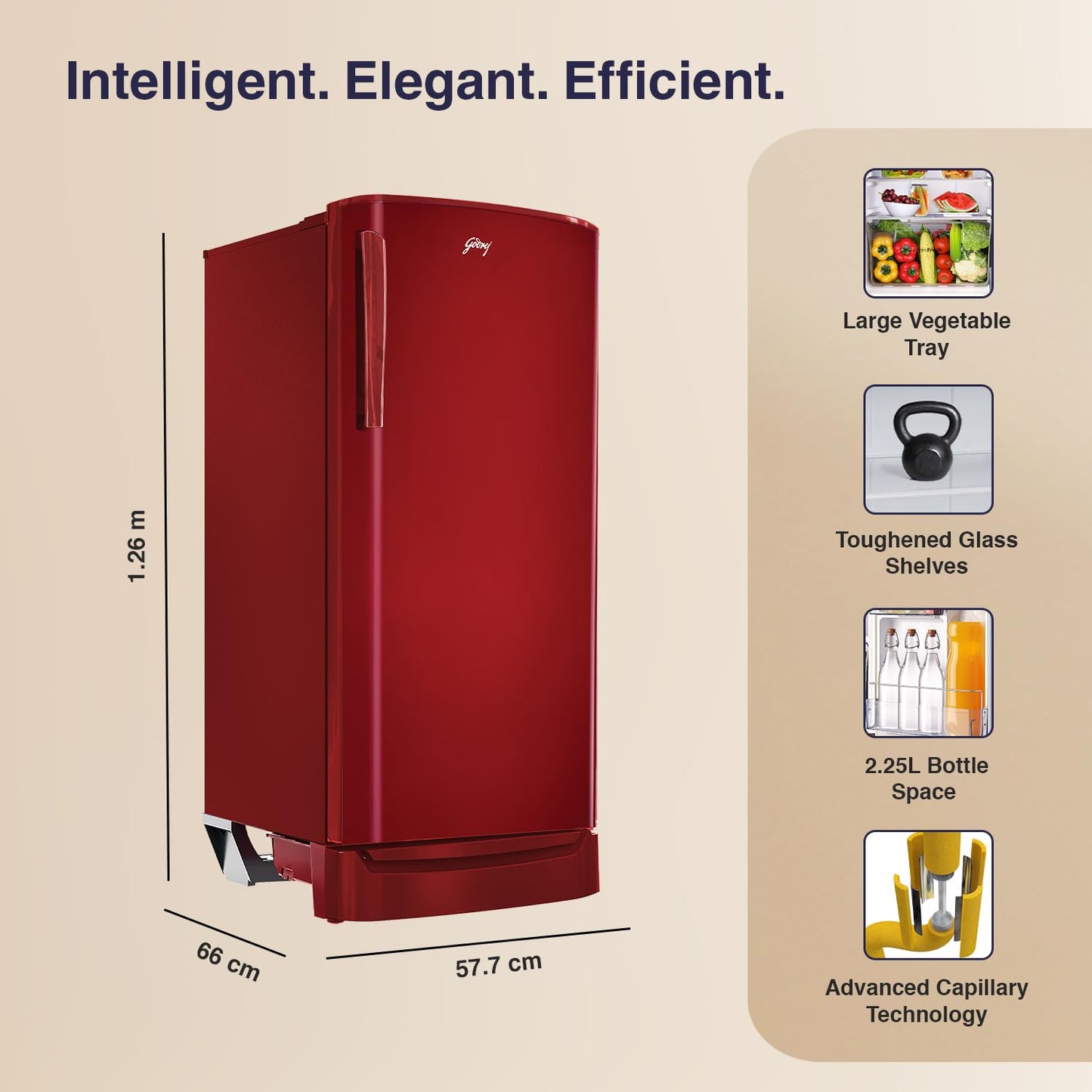 Godrej RD ERIOPLS 205B THF WN RD 180 L 2 Star Farm Fresh Crisper Technology With Jumbo Vegetable Tray Direct Cool Single Door Refrigerator ( Wine Red)