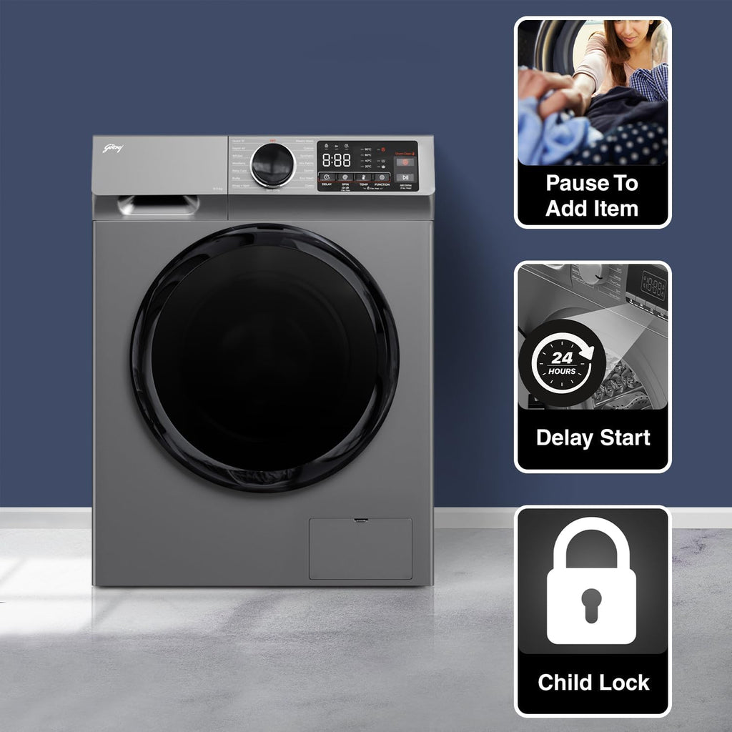 Godrej WFEON CEL 8014 IEBT SLSR 8 Kg 5 Star Fully Automatic Front Load Washing Machine | AI Tech | Steam Wash | Inverter Motor | 1400 RPM | Inbuilt Heater (Silver Stream)