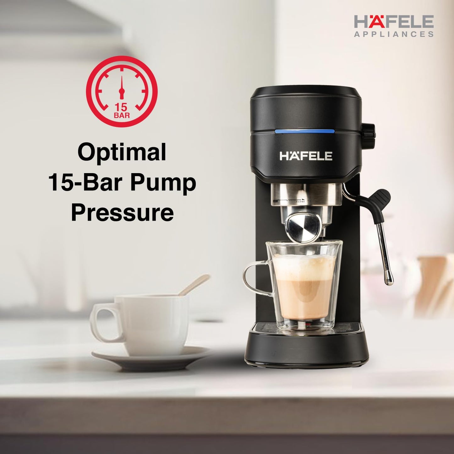 Hafele U-Kaffee Espresso Coffee Machine | 15-Bar Pressure | Adjustable Milk Frother | Thermoblock 1450W | Suraj Electronics Delhi NCR