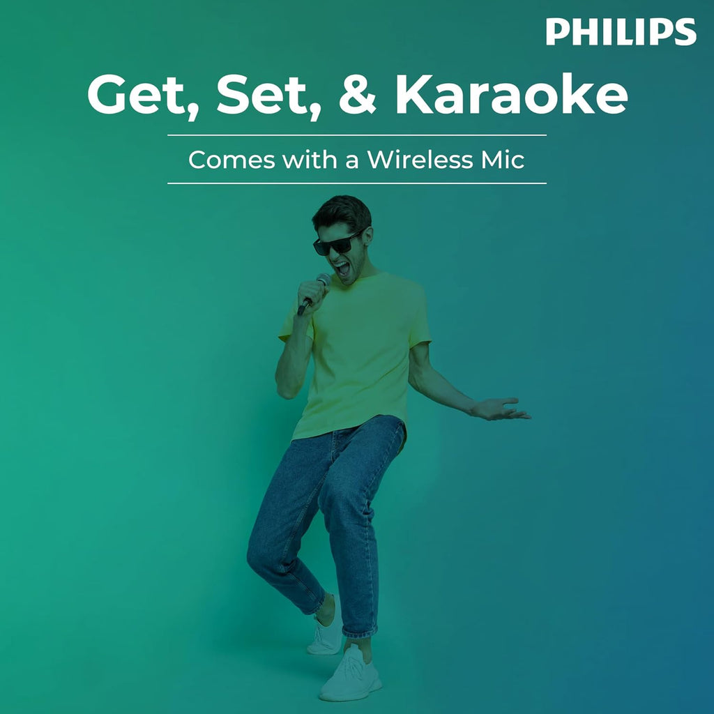 Philips Audio SPA9085 2.0CH 100W Multimedia Tower Speakers with Wireless Microphone,Multi-Connectivity Option with Supporting USB, AUX, FM,Mic & Thumping Bass with Karaoke(Black)