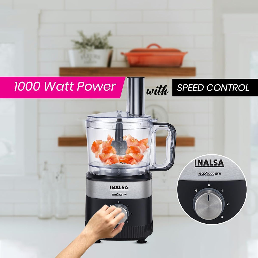 Inalsa Inox 1000 Pro Food Processor for Kitchen | 1000W Copper Motor | Mixer Grinder Juicer | 2.5L Processing Bowl | Chopping, Kneading, Slicing, Whisking, French Fries Cutter, Citrus Juicer