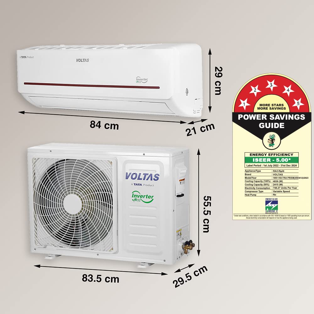 Voltas 185V Vectra Prism 1.5 Ton 5 Star Inverter Split AC | 4-in-1 Adjustable Mode, Turbo Cooling, Anti-Dust Filter, Copper Condenser, R32 Refrigerant – White | Suraj Electronics