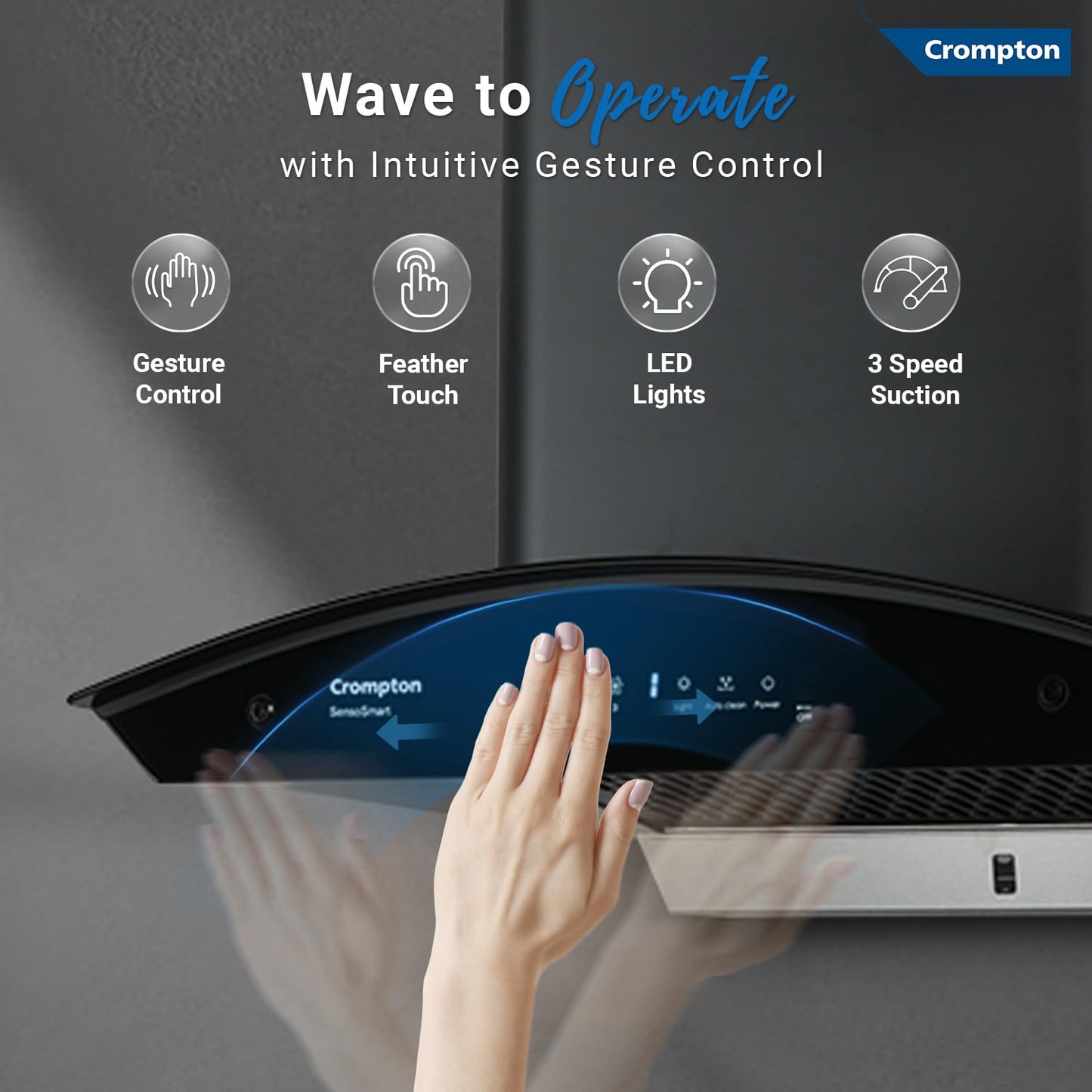 Crompton SensoSmart 60 cm Auto-Clean Chimney (CHD-SSC60FLE-MBL) | 1210 m³/hr Suction | Smart ON | Filterless | Suraj Electronics Delhi NCR