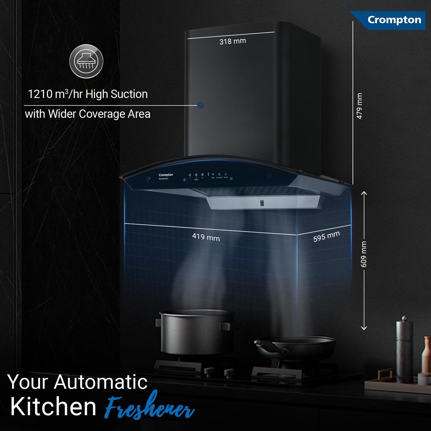 Crompton SensoSmart 60 cm Auto-Clean Chimney (CHD-SSC60FLE-MBL) | 1210 m³/hr Suction | Smart ON | Filterless | Suraj Electronics Delhi NCR