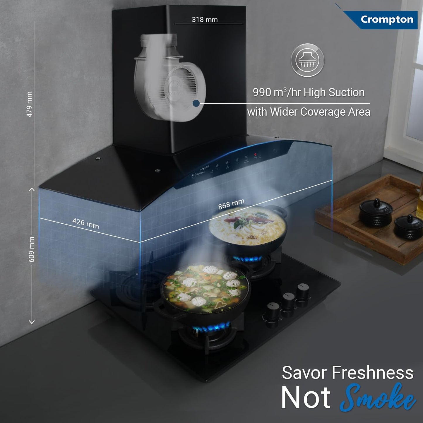 Crompton IntelliMotion CHD-IMC90BFA-MBL 90 cm Chimney IntelliMotion Curved | Thermal Auto Clean | Gesture &amp; Touch Control | Suraj Electronics Delhi NCR