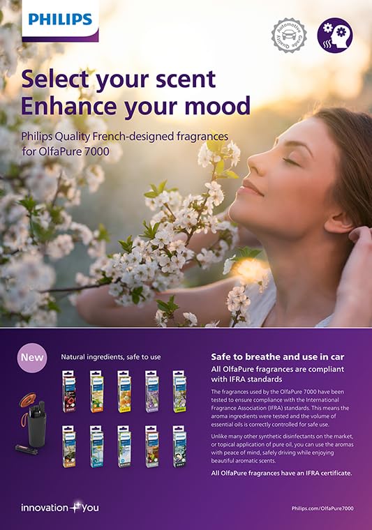 Philips OlfaPure 7100 Smart Car Air Freshener – App-Controlled Aroma Diffuser with 10 French-Designed Fragrances, Dry-Air Diffusion, Multi-Cartridge System (Black)