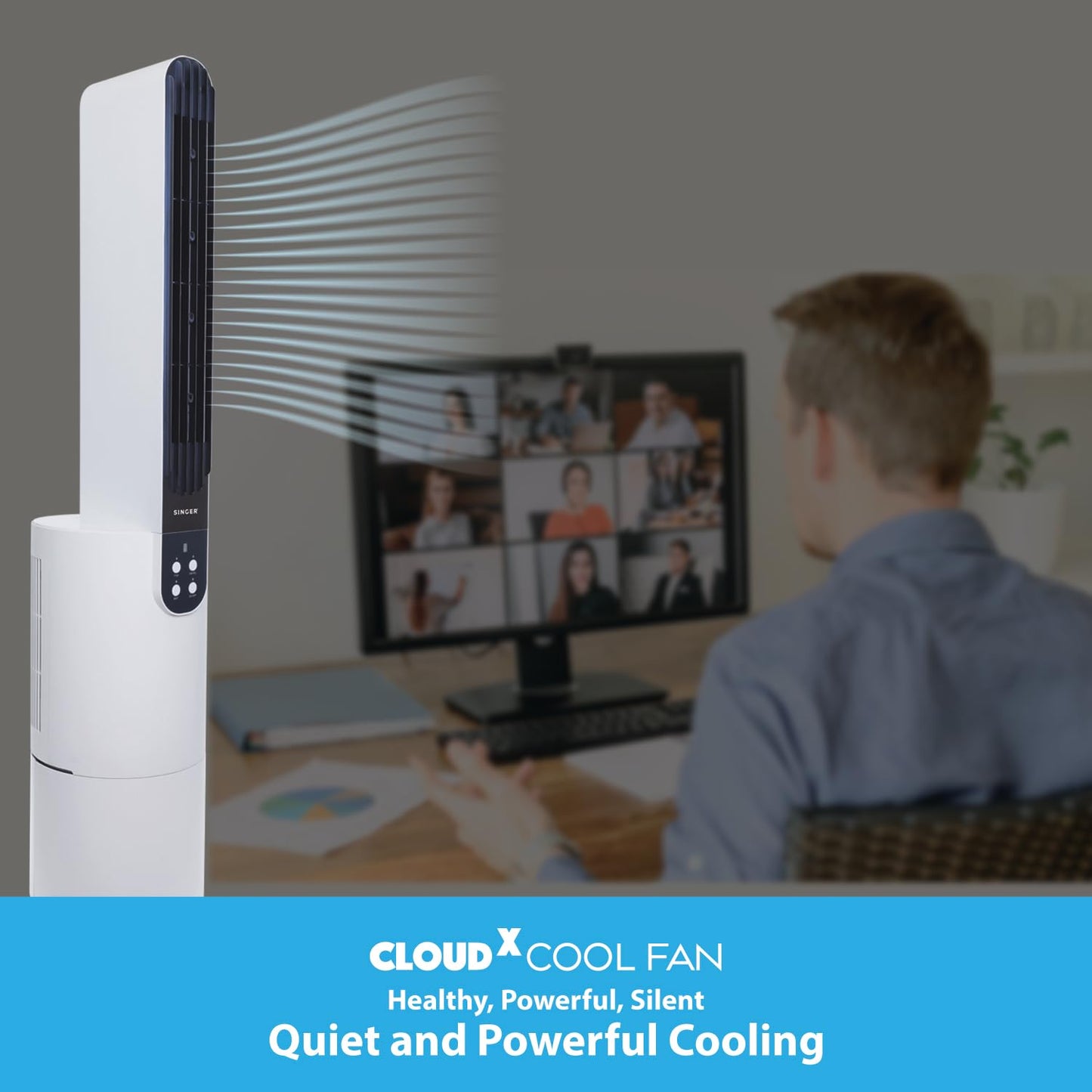 SINGER Cloudx Cool Fan SCF160CXWGTE with Cloud Technology | Silver Coated Mesh Filter | Quite Mode | Point Anywhere Remote Control | Portable | 5 L Tank | 8 Hours Cooling | 3 Speed Air Modes | 2 Years Warranty