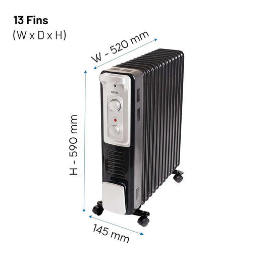 Glen HA7015OR13 13-Fin 2500W Oil Filled Radiator Room Heater with 400W Turbo Ceramic Fan, Adjustable Thermostat, ISI Certified, Noise-Free Heating – Made in India