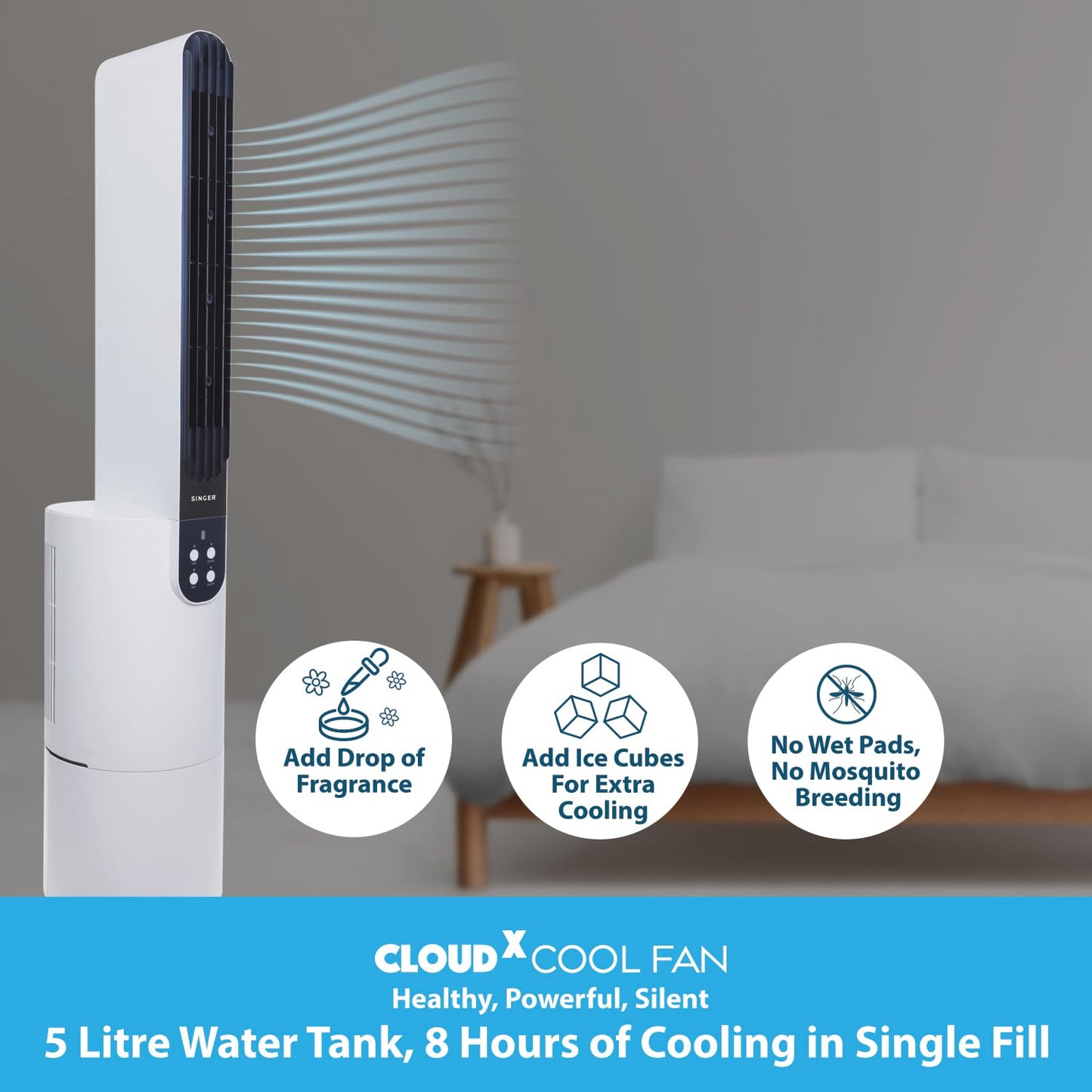 SINGER Cloudx Cool Fan SCF160CXWGTE with Cloud Technology | Silver Coated Mesh Filter | Quite Mode | Point Anywhere Remote Control | Portable | 5 L Tank | 8 Hours Cooling | 3 Speed Air Modes | 2 Years Warranty