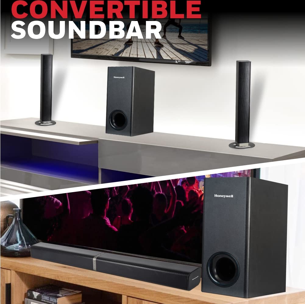 Honeywell Trueno U1000 100W 2.1 Channel Bluetooth Soundbar with Wireless Subwoofer, HDMI ARC, AUX, USB, Optical – Convertible Twin Tower Design