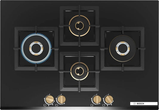 Bosch PNI7B6G20I 75 cm Built-in Gas Hob – 4 Burner, Full Brass 3D Ring Burners, Auto Ignition, Tempered Glass, Cast Iron Pan Supports, Black