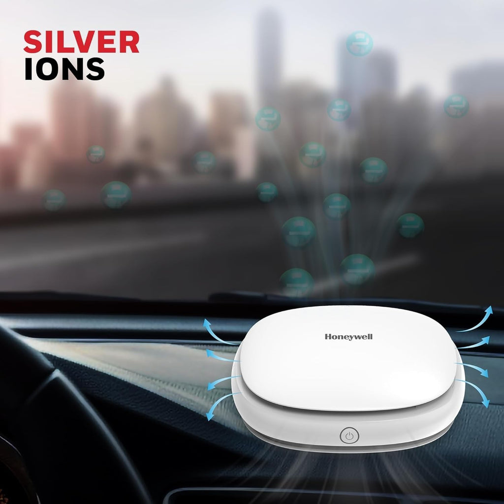 Honeywell Move Pure3 Car Air Purifier – HEPA H12 Filter, Ionizer, Odour Removal, 3 USB Ports, CADR 24 m³/h – White