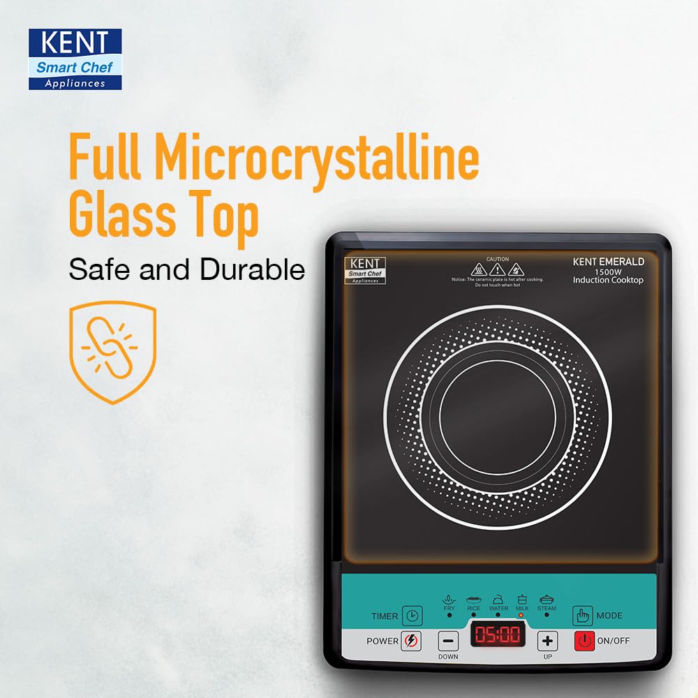 KENT Emerald Induction Cooktop 1500W|Faster Cooking With 5 Preset Options|Full Microcrystalline Glass|Adjustable Temperature Function|Overheat Protection|Safe Cooking And Easy Cleaning,Black