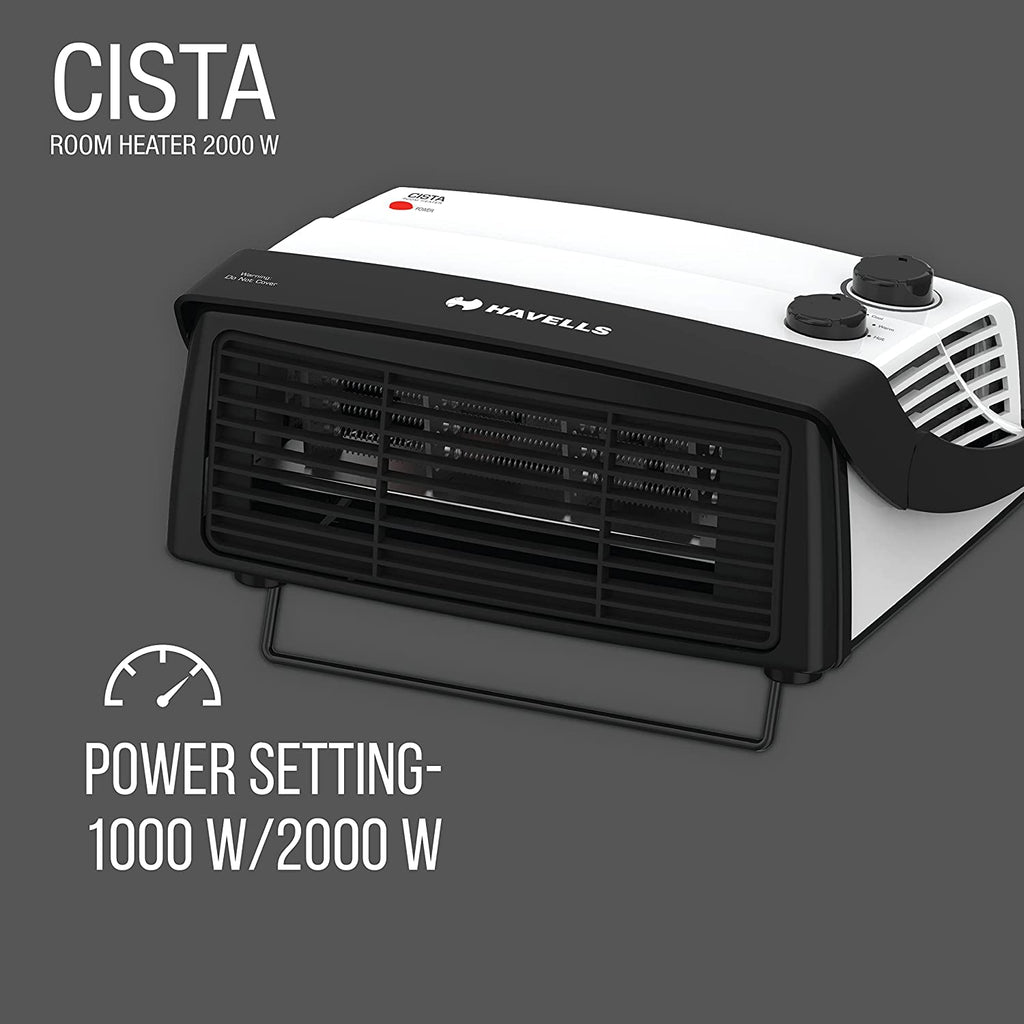 Havells Cista Room Heater 2000W (GHRFHAYW200) | Dual Heat Settings | Adjustable Thermostat | Cool Touch Body | Overheat Protection | Portable Design | White