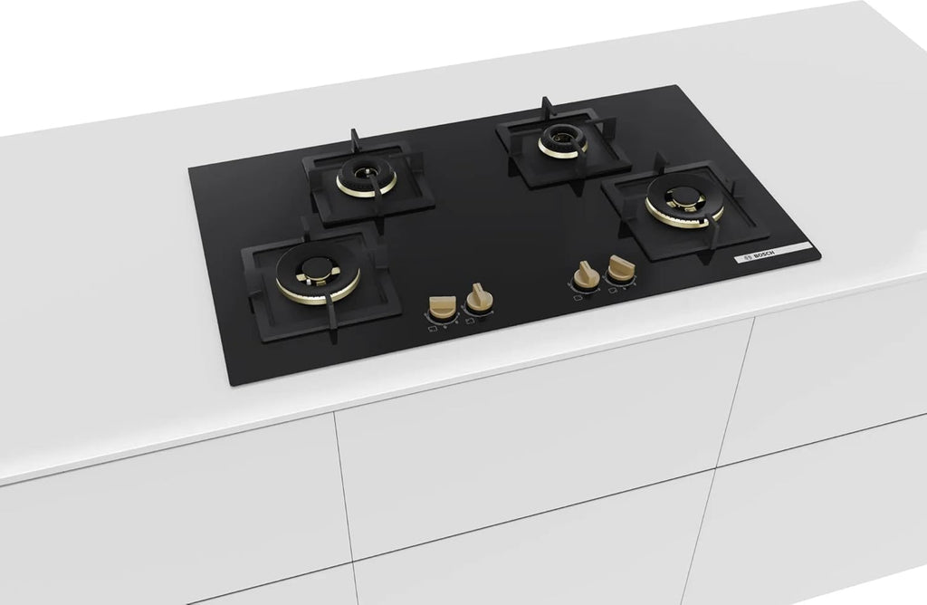 Bosch PNF9B6G20I Built in Gas Hob Black Tempered glass Glass 4 Burner Auto Ignition 90 cm Full Brass 3D Ring Burners with Matt Black Heat Shields & Cast Iron pan supports