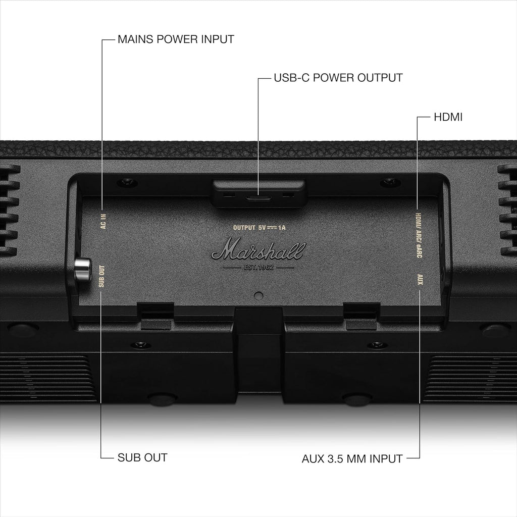 Marshall Heston 60 soundbar with Dolby Atmos & DTS:X, Wired & Wireless Subwoofer Connectivity – Dual HDMI, RCA, Bluetooth, WiFi, Google Cast, Spotify, Airplay2