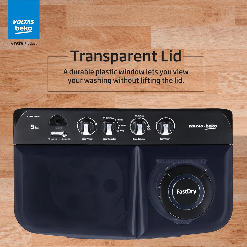 Voltas Beko WTT90UDX/BKGR4KGTD 9 Kg 5 Star Semi-Automatic Top Load Washing Machine | Twin Tub | Special Pulsator | Double Waterfall | Black