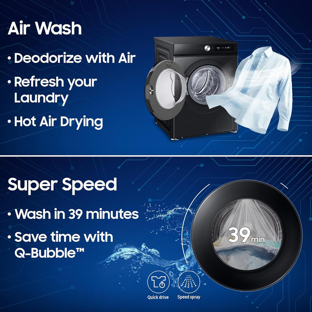 Samsung WD12FB7B34GBTL 12kg/7kg 5 Star AI EcoBubble Wi-Fi Inverter Fully Automatic Front Load Washer Dryer – Black | AI Control, Hygiene Steam, Air Wash